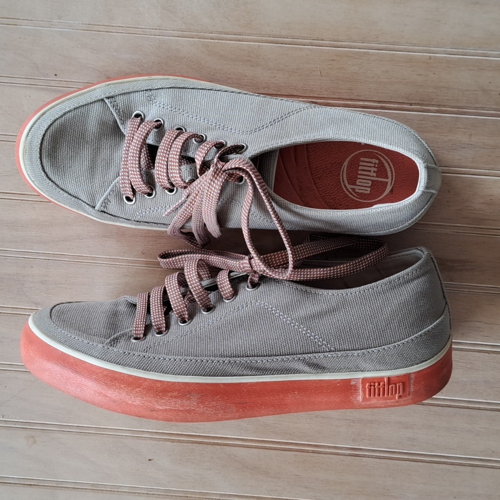 FitFlop Canvas Lace-Up Style 184-068 Gray/Coral Comfy Causal Sneakers - Picture 2 of 11